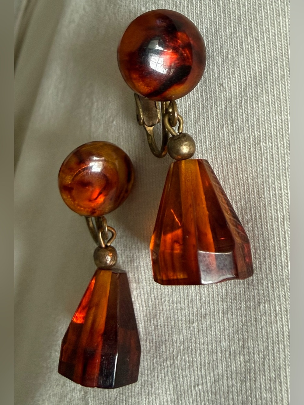 Vintage Amber-Tone Clip-On Drop Earrings